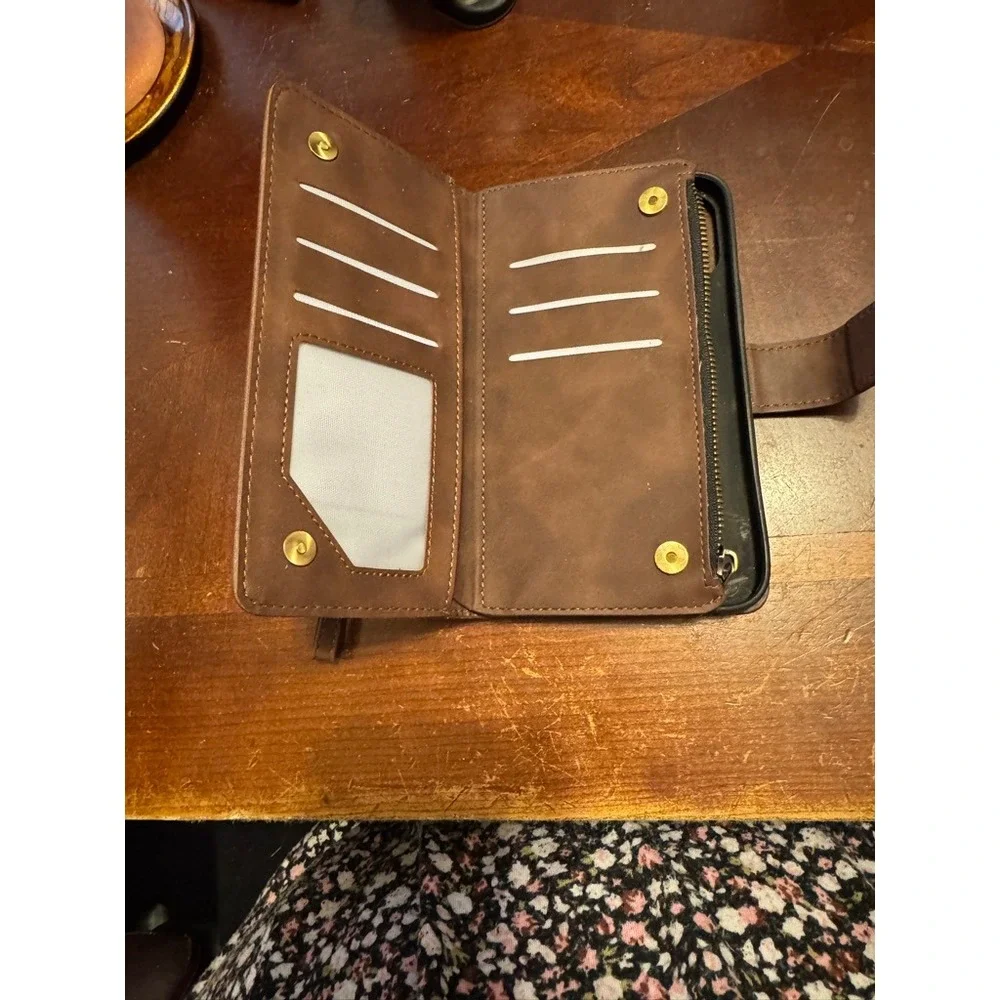 Iphone wallet case‎ brown faux leather Iphone 15 wristlet